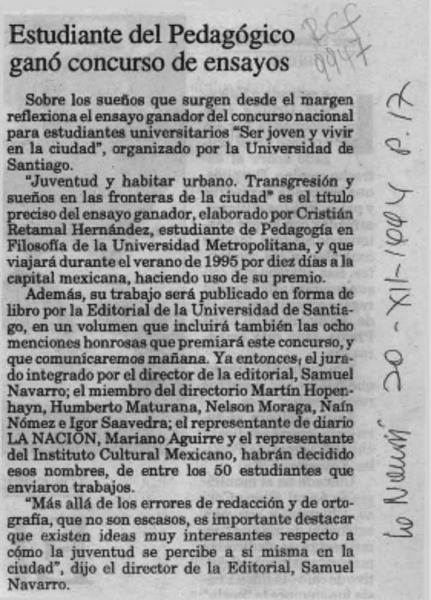 Estudiante del Pedagógico ganó concurso de ensayos  [artículo].