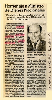 Homenaje a Ministro de Bienes Nacionales  [artículo].