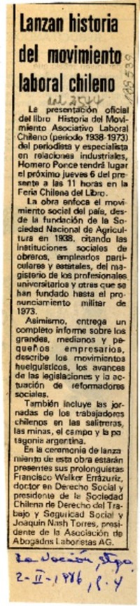 Lanzan historia del movimiento laboral chileno  [artículo].