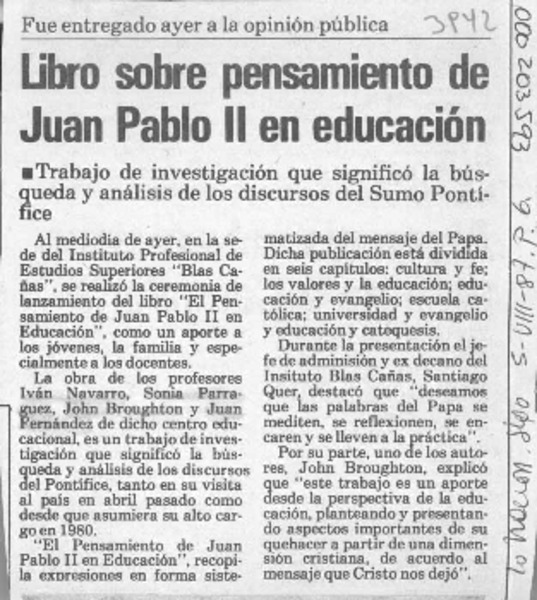 Libro sobre pensamiento de Juan Pablo II en educación  [artículo].