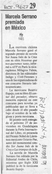 Marcela Serrano premiada en México  [artículo].