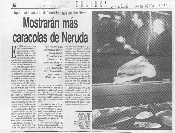 Mostrarán más caracolas de Neruda  [artículo].