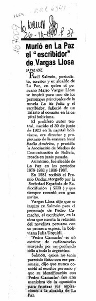 Murió en La Paz el "escribidor" de Vargas LLosa  [artículo].