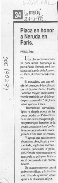 Placa en honor a Neruda en París  [artículo].
