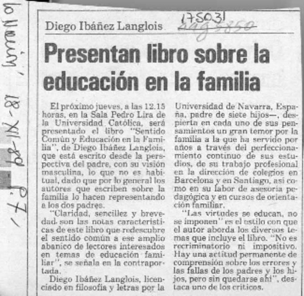 Presentan libro sobre la educación en la familia  [artículo].