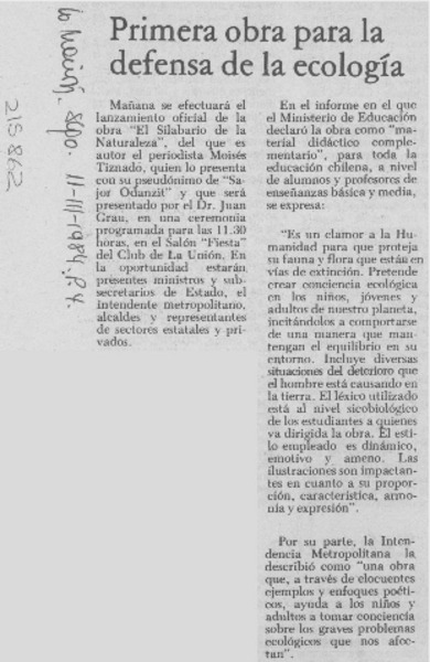 Primera obra para la defensa de la ecología