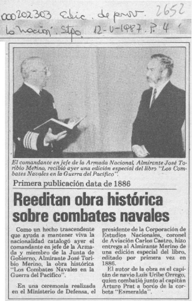 Reeditan obra histórica sobre combates navales  [artículo].