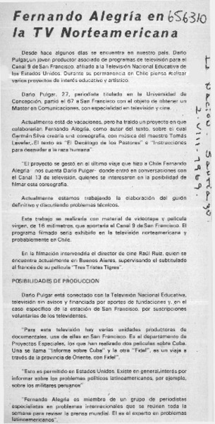 Fernando Alegría en la TV norteamericana  [artículo]