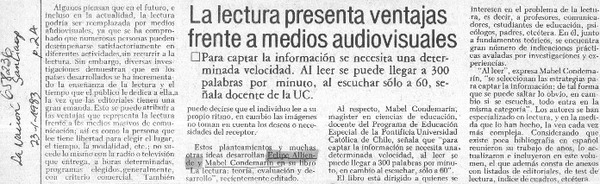 La Lectura presentaventajas frente a medios audiovisuales  [artículo]