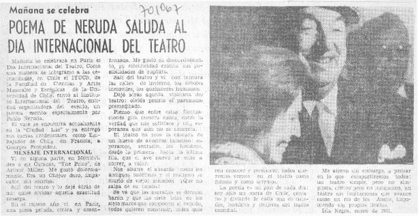 Poema de Neruda saluda al día internacional del teatro.