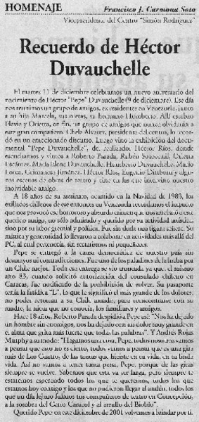 Recuerdo de Héctor Duvauchelle
