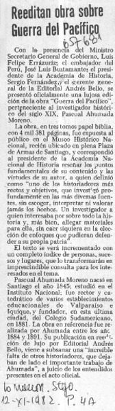 Reeditan obra sobre Guerra del Pacífico.  [artículo]