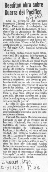 Reeditan obra sobre Guerra del Pacífico.  [artículo]