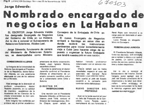 Nombrado encargado de negocios en La Habana.