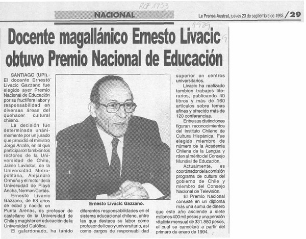 Docente magallánico Ernesto Livacic obtuvo Premio Nacional de Educación  [artículo].