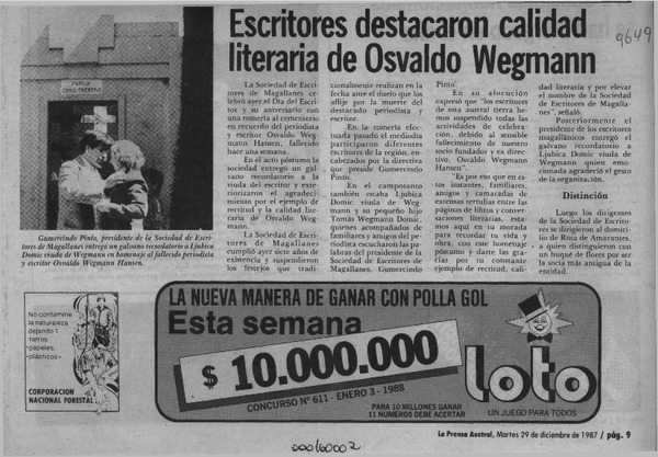 Escritores destacaron calidad literaria de Osvaldo Wegmann  [artículo].