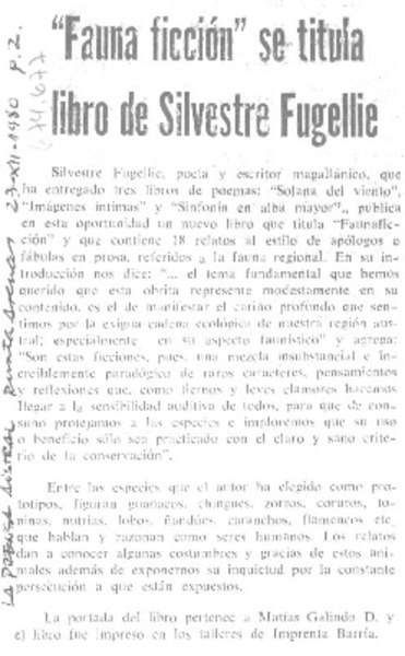 "Fauna ficción" se titula libro de Silvestre Fugellie.