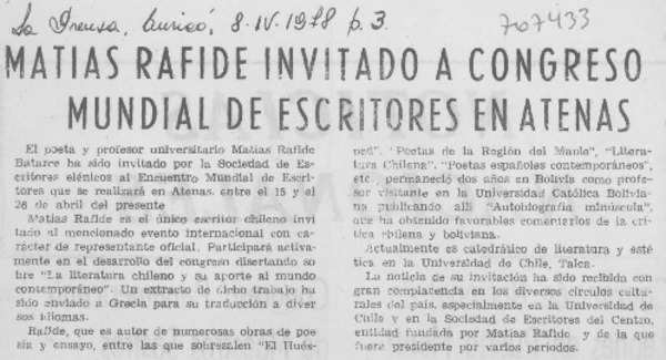 Matías Rafide invitado a congreso mundial de escritores en Atenas.