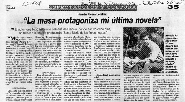"La masa protagoniza mi última novela"  [artículo]