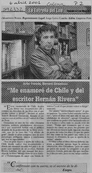"Me enamoré de Chile y del escritor Hernán Rivera"  [artículo]
