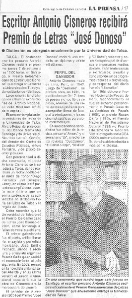 Escritor Antonio Cisneros recibirá Premio de Letras "José Donoso"