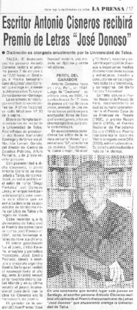 Escritor Antonio Cisneros recibirá Premio de Letras "José Donoso"