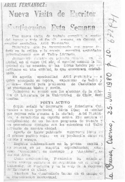 Nueva visita de escritor santiaguino esta semana.