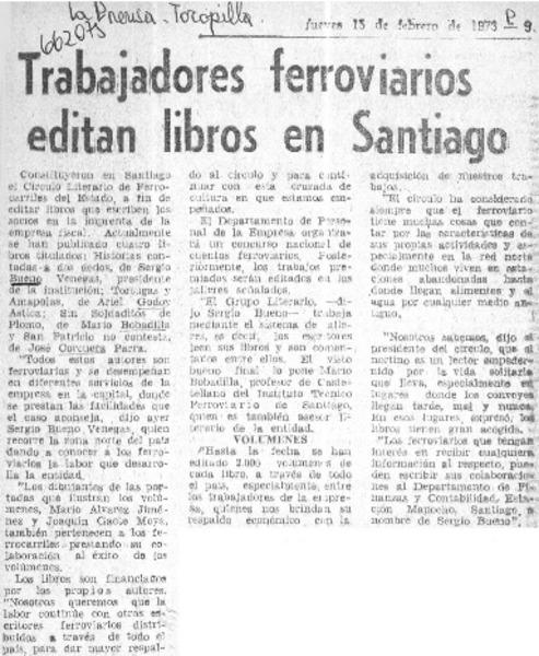 Trabajadores ferroviarios editan libros en Santiago.  [artículo]