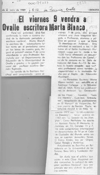 El Viernes 9 vendrá a Ovalle escritora Marta Blanco  [artículo].