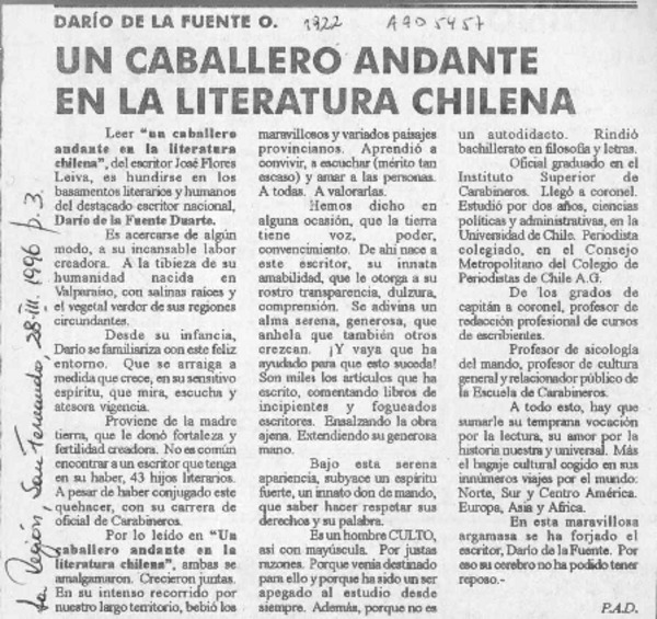 Un caballero andante en la literatura chilena  [artículo] P. A. D.