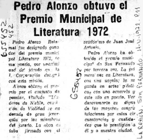 Pedro Alonzo obtuvo el Premio Municipal de Literatura 1972.  [artículo]