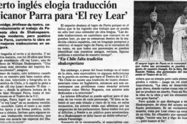 Experto inglés elogia traducción de Nicanor Parra para "El rey Lear"