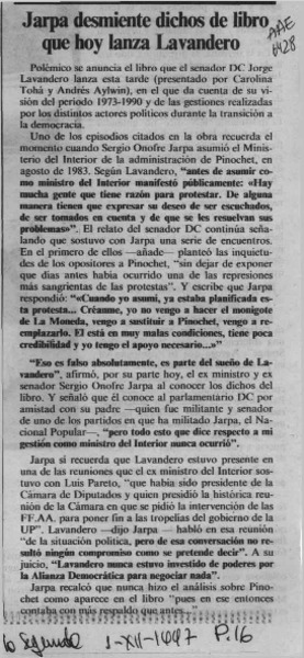 Jarpa desmiente dichos de libro que hoy lanza Lavandero  [artículo].