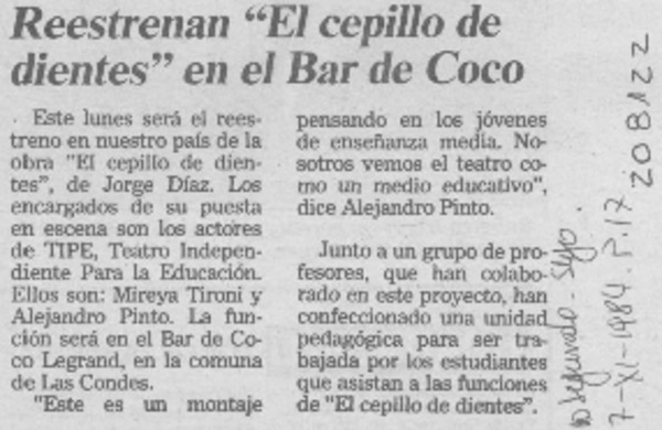 Reestrenan "El cepillo de dientes" en el bar de Coco