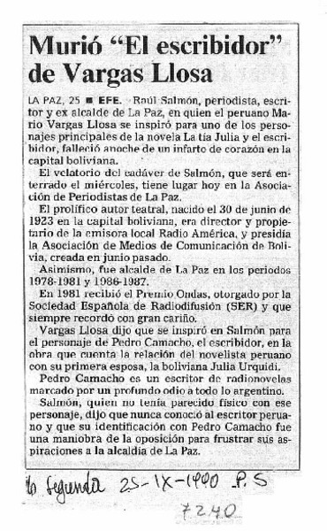 Murió "El escribidor" de Vargas Llosa.