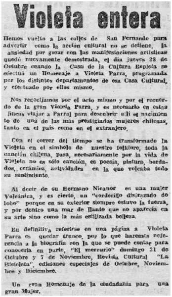 Rinden homenaje a Violeta Parra.