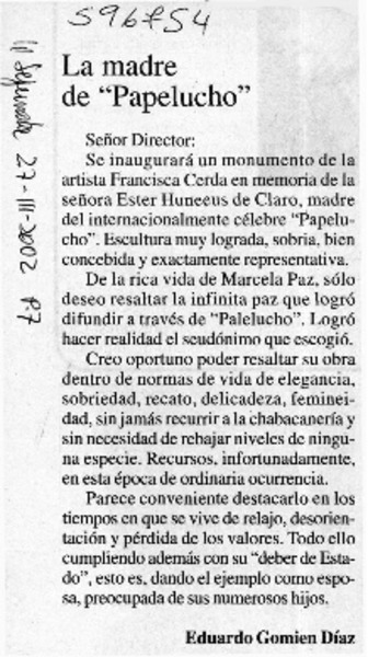 La madre de Papelucho  [artículo] Eduardo Gomien Díaz