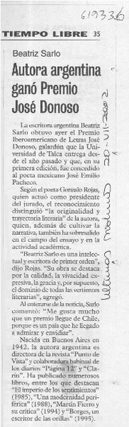 Autora argentina ganó Premio José Donoso  [artículo]