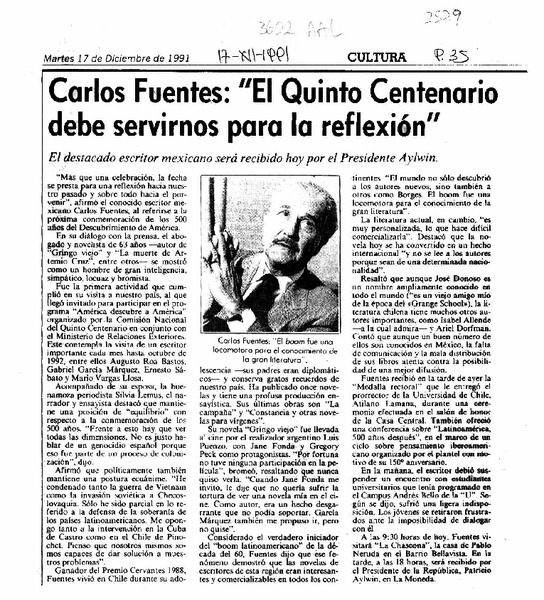 Carlos Fuentes, "El Quinto Centenario debe servirnos para la reflexión"  [artículo].