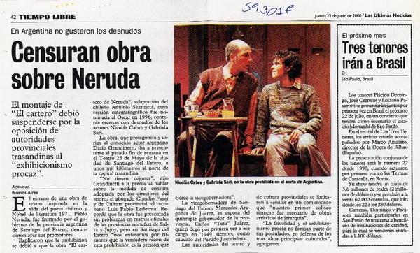 Censuran obra sobre Neruda  [artículo]