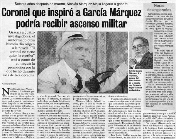 Coronel que inspiró a García Márquez podría recibir ascenso militar.