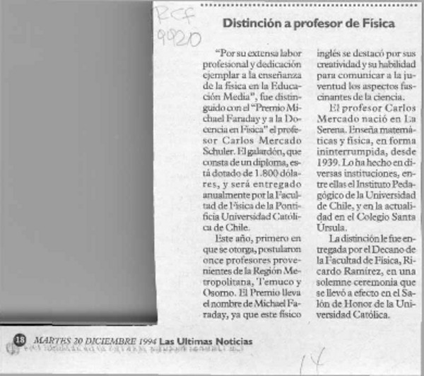 Distinción a profesor de Física  [artículo].
