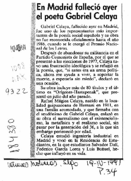 En Madrid falleció ayer el poeta Gabriel Celaya  [artículo].