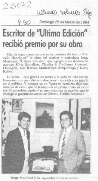 Escritor de "Ultima Edición" recibió premio por su obra
