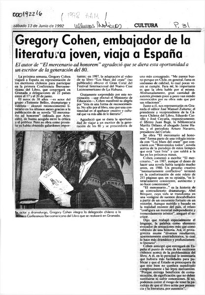 Gregory Cohen, embajador de la literatura joven, viaja a España  [artículo].