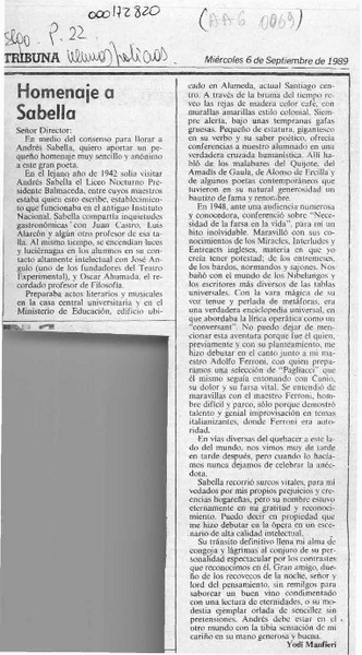 Homenaje a Sabella  [artículo] Yodi Manfieri.