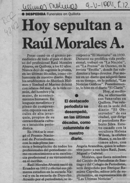 Hoy sepultan a Raúl Morales A.  [artículo].