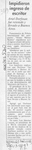 Impidieron ingreso de escritor  [artículo].