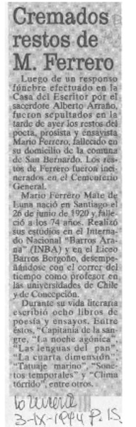 Cremados restos de M. Ferrero  [artículo].