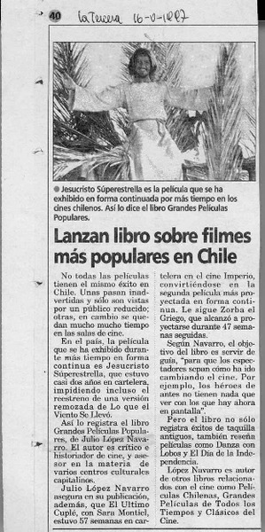 Lanzan libro sobre filmes más populares en Chile  [artículo].